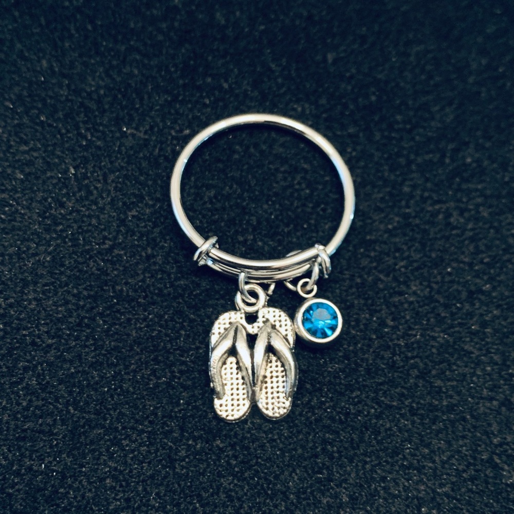 Flip Flop Beach sandal silver dangle ring with birthstone charm